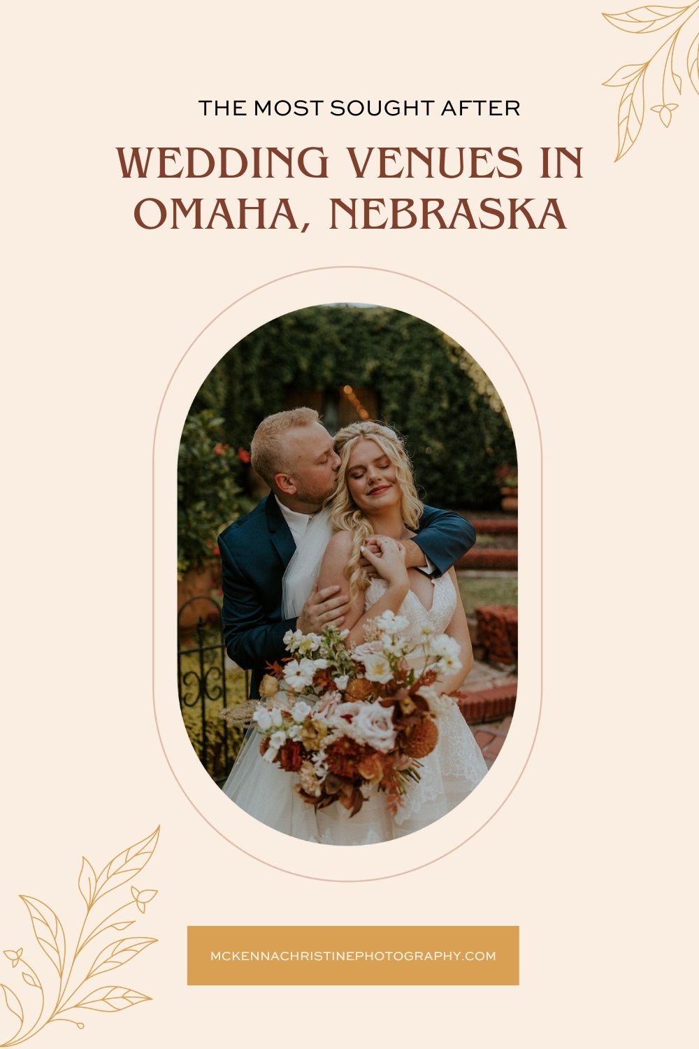 Groom hugging the bride from behind as he plants a kiss on her cheek; image overlaid with text that reads The Most Sought After Wedding Venues in Omaha, Nebraska