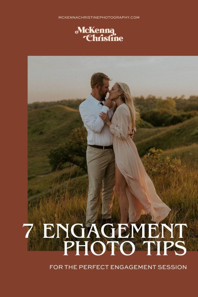 Bride and groom leaning in for a kiss during their outdoor engagement shoot; image overlaid with text that reads 7 Engagement Photo Tips for the Perfect Engagement Session