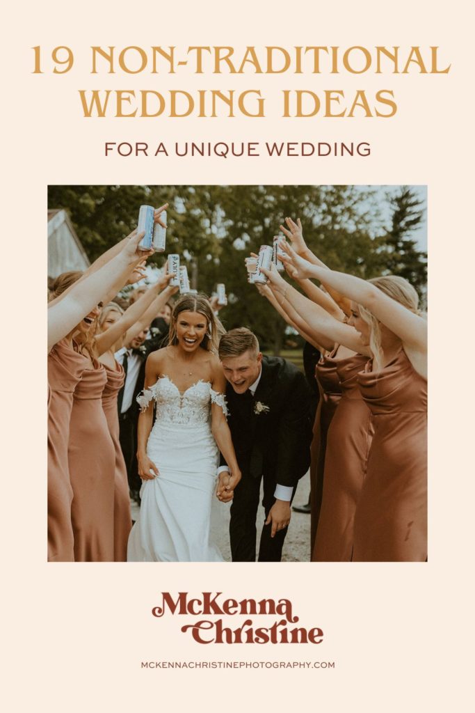 Bride and groom walking through entourage lined up; image overlaid with text that reads 19 Non-Traditional Wedding Ideas for a Unique Wedding
